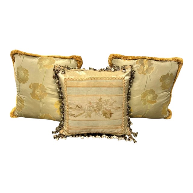Vintage Floral Satin & Tapestry Pillows - Set of 3 For Sale