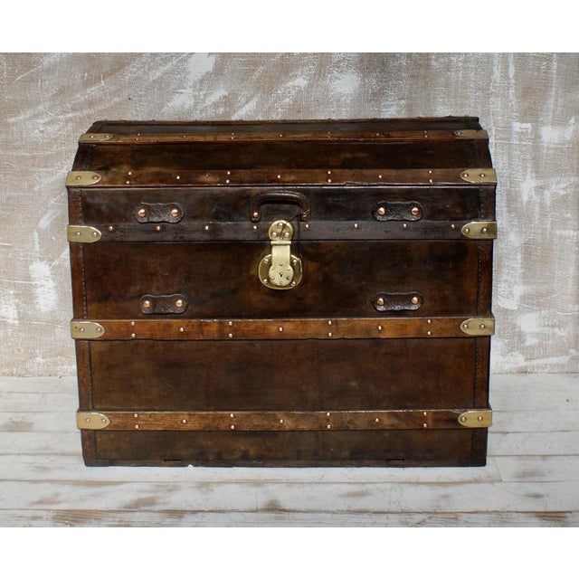 Metal Antique Dome-Topped Leather-Bound Steamer Trunk, 1860s For Sale - Image 7 of 13