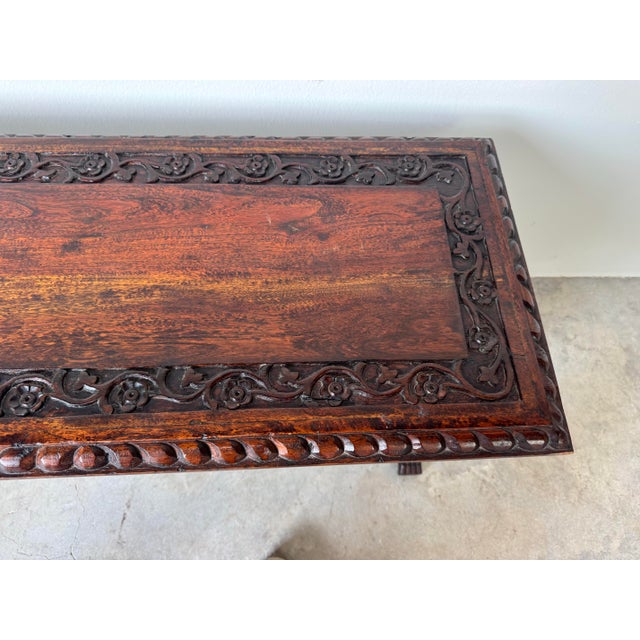 Brown Vintage Italian Renaissance-Style Hand-Carved Wood Coffee Table / Bench For Sale - Image 8 of 12