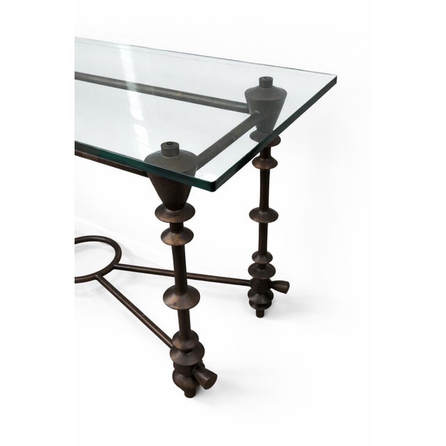 Modern Giacometti-Style Patinated Bronzed and Glass Console Table For Sale - Image 3 of 10