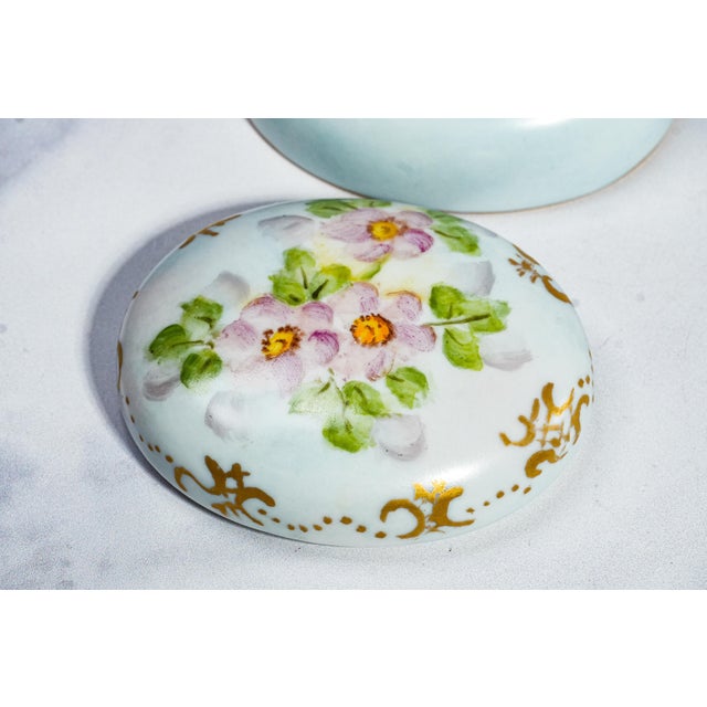 Delightful Hand Painted Floral Flower Theme Antique Small Porcelain Jewelry Trinket Box For Sale In New York - Image 6 of 13