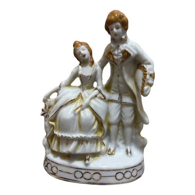 Vintage Japanese Porcelain Courting Couple Figurine With Gold Accents For Sale