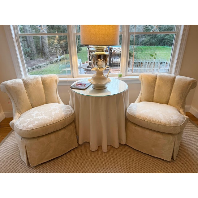 Custom Scallop Backed, Skirted Slipper Chairs in Cloud Dancer Damask, a Pair For Sale - Image 12 of 18