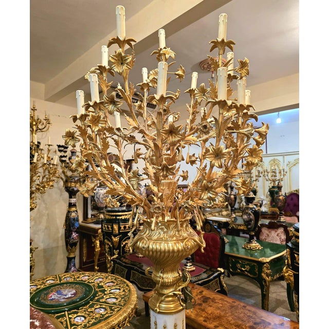 2000 - 2009 Louis XVI Style Pedestal Candelabra With Gold Leaf Floral Details & Gilded Bronze Accents For Sale - Image 5 of 5