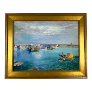 Late 20th Century Nautical Seascape Painting of Venice With Gilt Frame