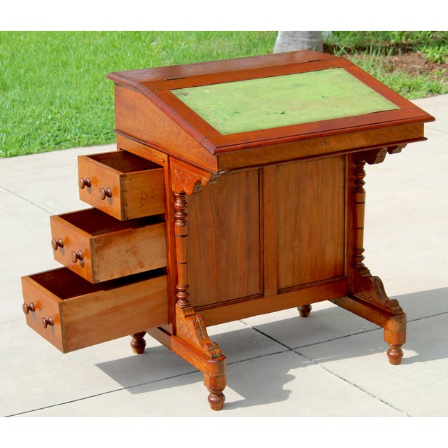 Mid 19th Century Antique 1860s Victorian Walnut Davenport Writing Desk English Slant Front Secretary With Original Green Baize Top For Sale - Image 5 of 18