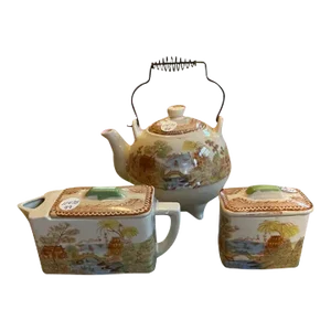 Mid 20th Century Oriental Garden Scene Tea Set- 3 Pieces