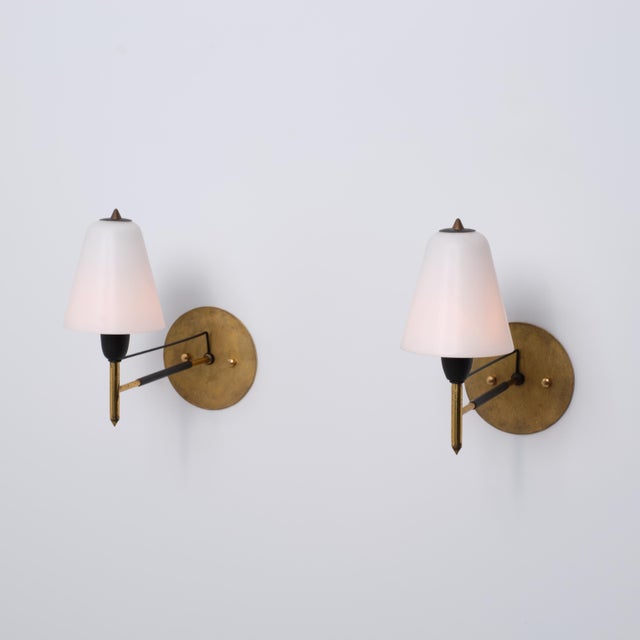 Metal Italian Brass and Opaline Glass Wall Sconces, 1950s, Set of 2 For Sale - Image 7 of 13