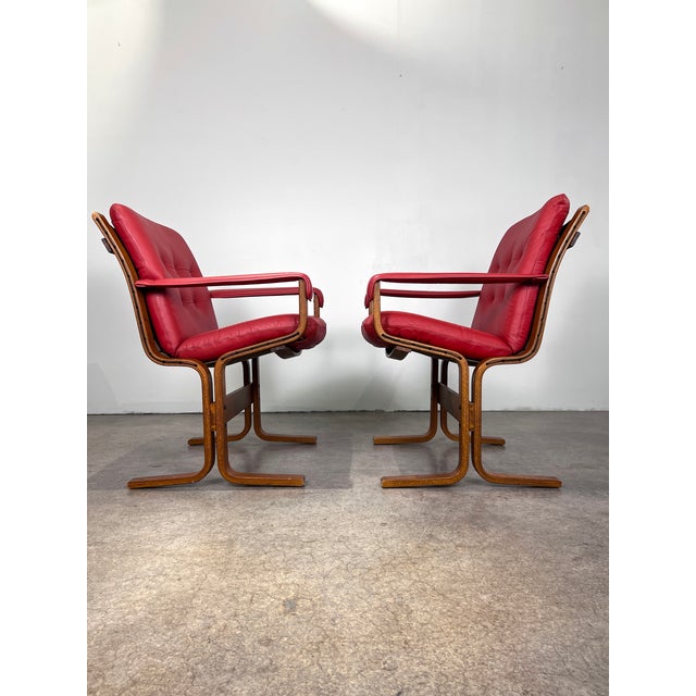 1970s 1970s Pair Red Leather/ Rosewood Framed “Siesta Arm Chairs” by Norwegian Designer Ingmar Relling for Westnofa For Sale - Image 5 of 12