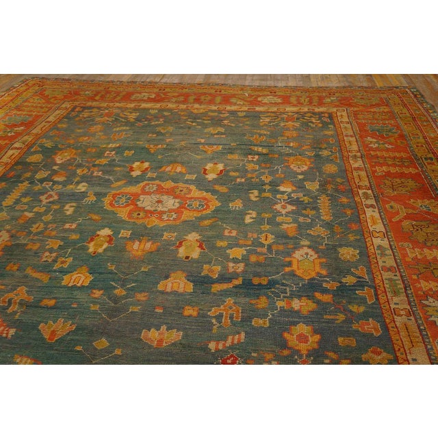 Marvelous Sky Blue Ground Color Medallion/Crest Pattern AntiqueTurkish Oushak Rug For Sale - Image 11 of 12