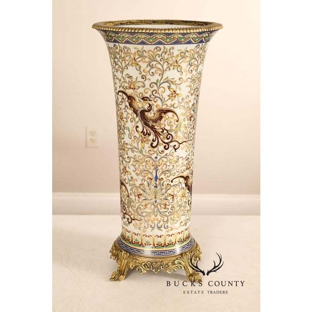 Late 20th Century Hand Painted Porcelain Decorative Vase with Gilded Metal Base and Cap For Sale - Image 5 of 17