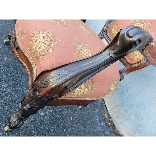 19th Century American Carved Rosewood Living Room Arm Chairs- a Pair For Sale - Image 9 of 11