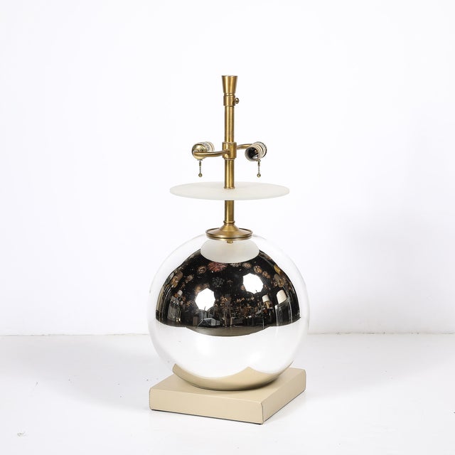 Silver Modernist Mercury Glass Table Lamps With Leather Wrapped Bases by Lorin Marsh For Sale - Image 8 of 17