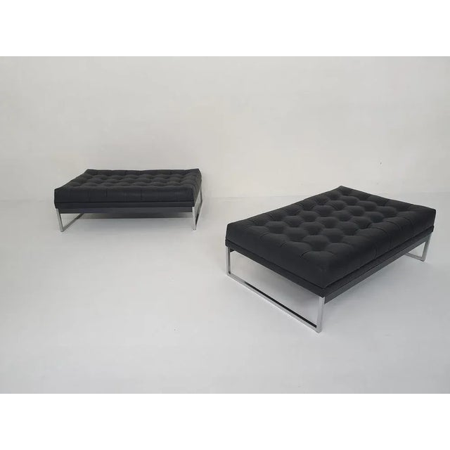 Metal benches with new black leather upholstery and new filling by AP originals. Marked at the bottom This piece has an...