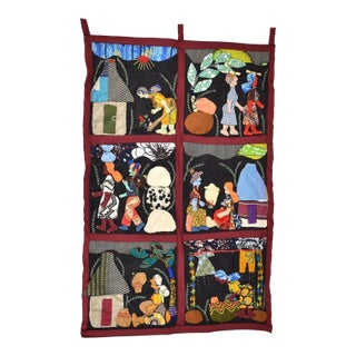 Early 20th Century Weya 6 Panel Story Quilt Village Life For Sale