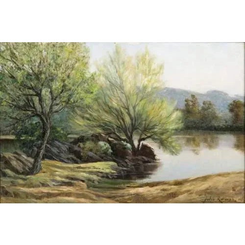 "Margens do Ave". Oil on canvas, signed. Minor restoration. Dimensions: 60 x 90.5 cm.