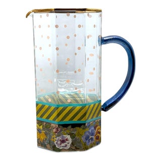 1983 Mackenzie-Childs Victoria and Richard Hand Blown Glass Octagonal Garland Polka Dot Pitcher For Sale