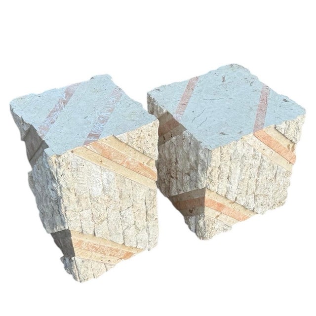Postmodern Tessellated Pink Marble and Beige Stone Pedestal Set For Sale - Image 9 of 9