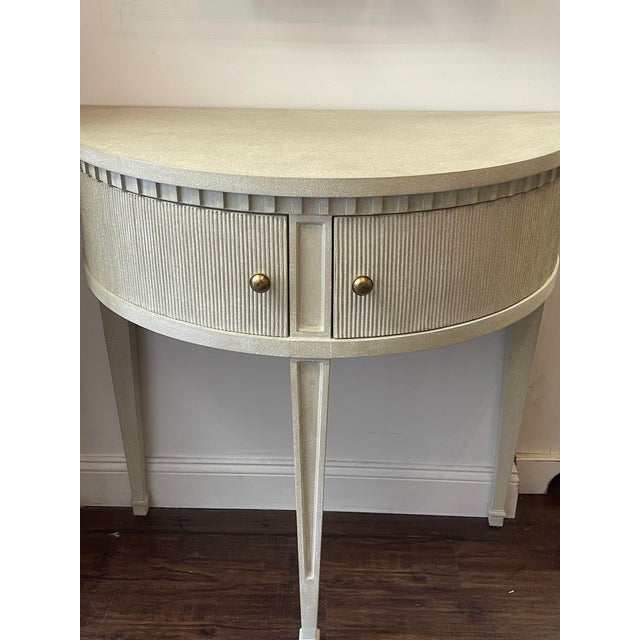 The Modern History Gustavian Half Round is beautiful with a soft antique grey painted and carved finish. Two outswing...