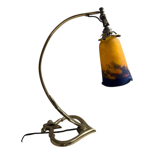 French Art Deco Brass Desk Lamp with Glass Shade from Muller Frères Lunéville, 1920s For Sale
