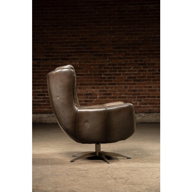 Animal Skin MCM Tufted Leather Wingback Swivel Chair With Ottoman in Grey For Sale - Image 7 of 12