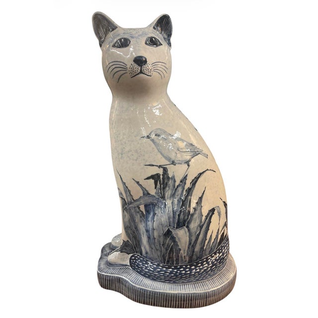 Art Deco Vintage African Hand-Painted Blue and White Ceramic Cat Figurine For Sale - Image 3 of 9