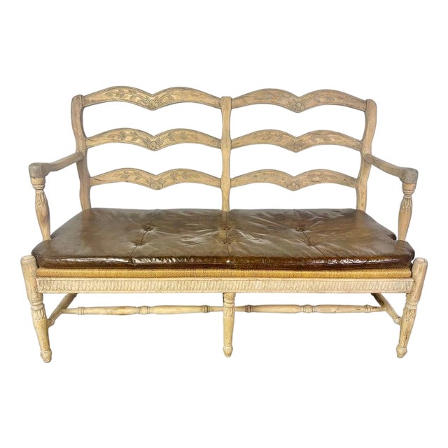 French Provincial Style Bench W/ Rush Seat & Leather Cushion For Sale