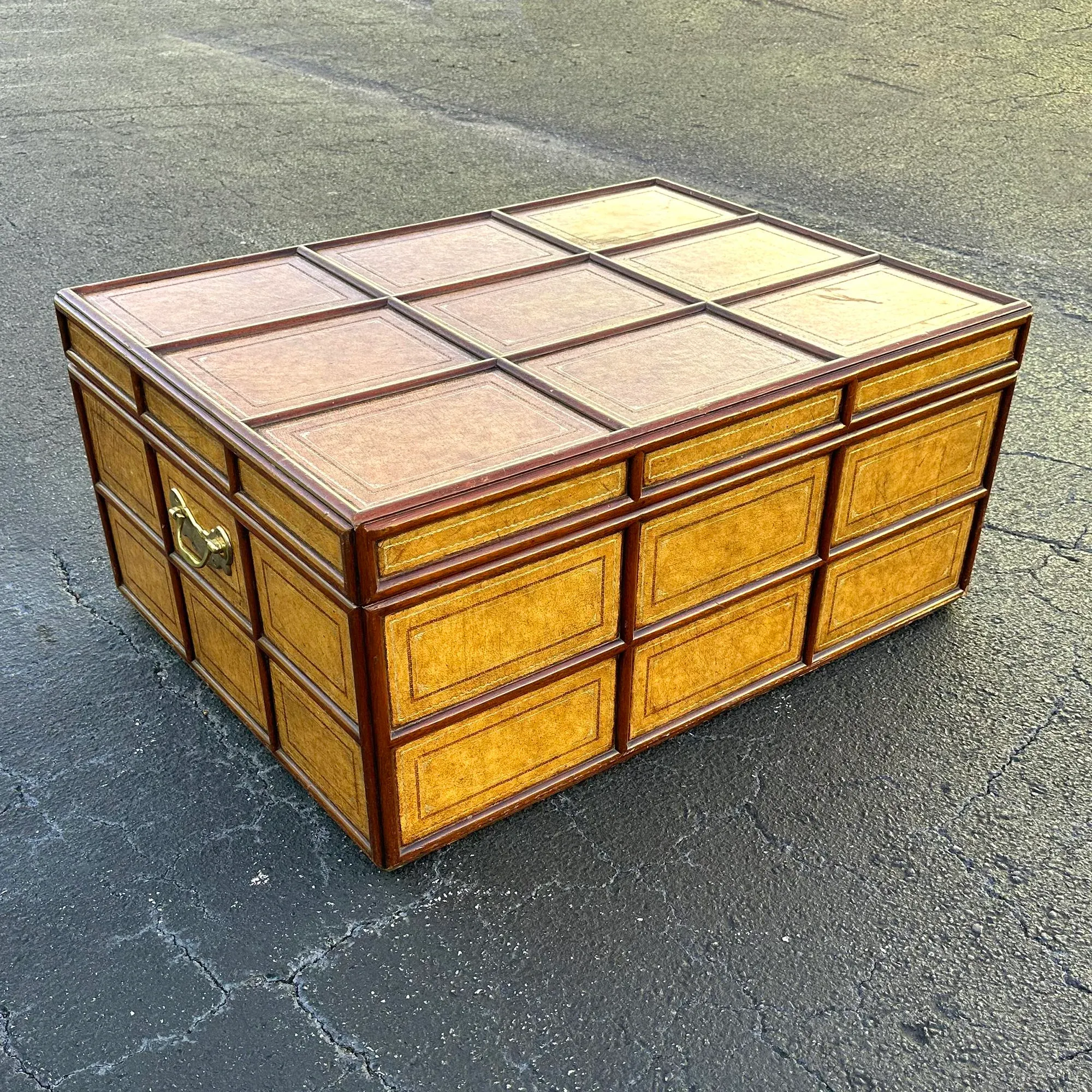 Maitland Smith Wood and Leather Coffee Table Trunk | Chairish