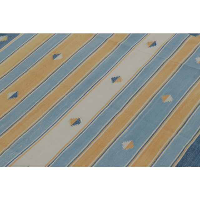 2010s Rug & Kilim’s Indian Dhurrie Rug in Blue, Gold and Ivory Geometric Stripes For Sale - Image 5 of 9