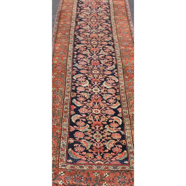 Textile Antique Persian Gallery Malayer Runner in Blue Background With Multi Colors 3'6 X 12'7 For Sale - Image 7 of 12