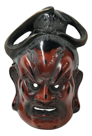 Vintage Asian Black Red Lacquer Demon Guardian Wood Mask Display Art