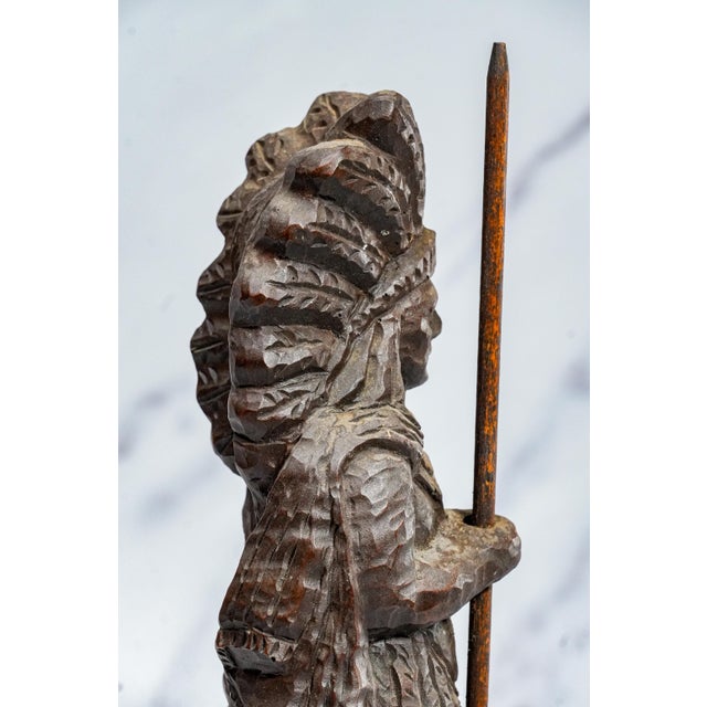 Solid Wood Carved Antique Native American Indian Chief Statue Sculpture Western Home Decor For Sale In New York - Image 6 of 12