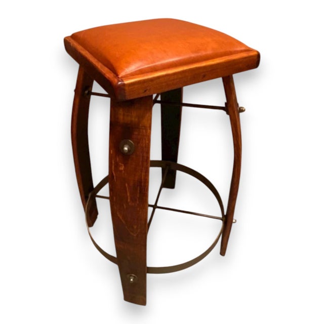 1990s Set of Four Wine Barrel Stools With Leather Seats, C. 1990s For Sale - Image 5 of 6