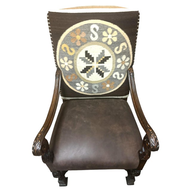 Antique Hacienda Chair Upholstered With Vintage Zapotec Tapestry From Oaxaca and New Leather For Sale - Image 9 of 9