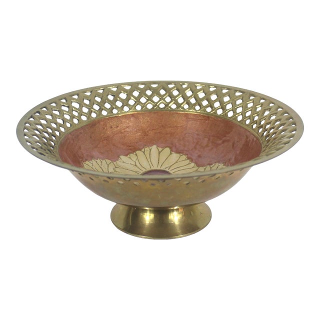 Vintage Pierced Edge Sunflower Enamel Brass Trinket Pedestal Dish For Sale