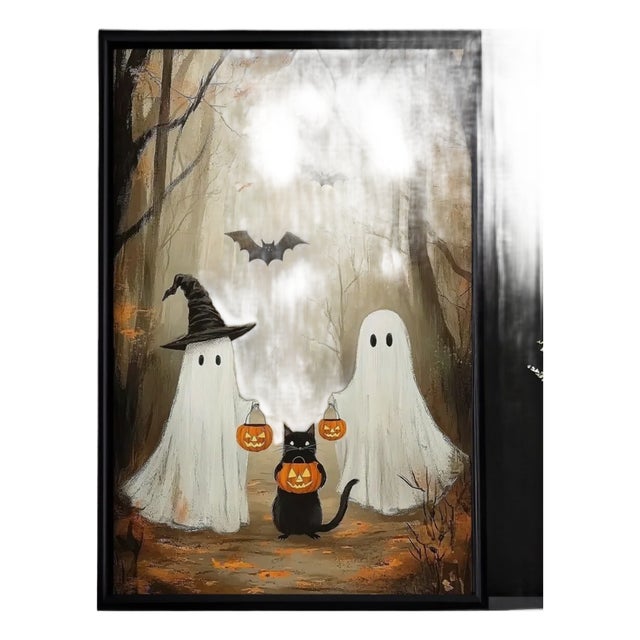 8x10" Halloween Ghosts & Black Cat Art Print – Spooky Autumn Wall Decor For Sale