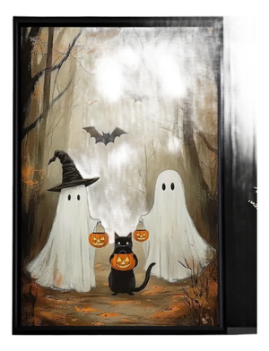 8x10" Halloween Ghosts & Black Cat Art Print – Spooky Autumn Wall Decor
