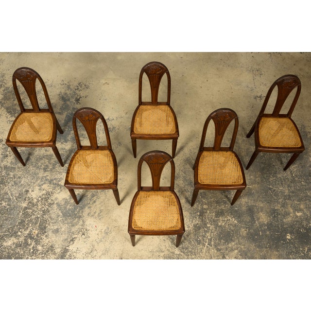 1930s Set of Six French Art Deco Carved Maple & Cane Dining Chairs For Sale - Image 4 of 18