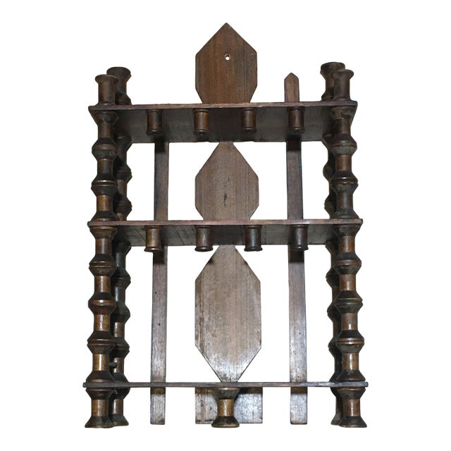 Antique Folk Art Wooden Thread Spool Wall Hanging Shelf For Sale