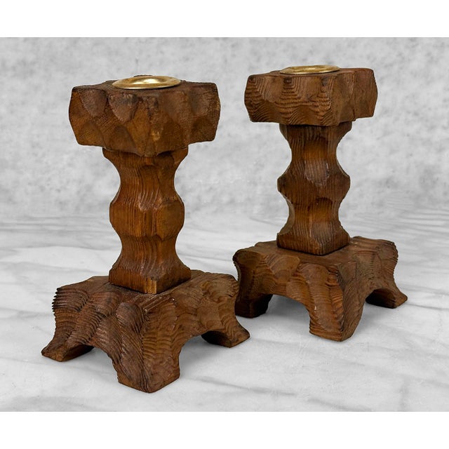 A Pair of Gothic Revival / Brutalist Candlestick Holders Solid Wood with an Original Deep Satin Finish Carved in the Manor...