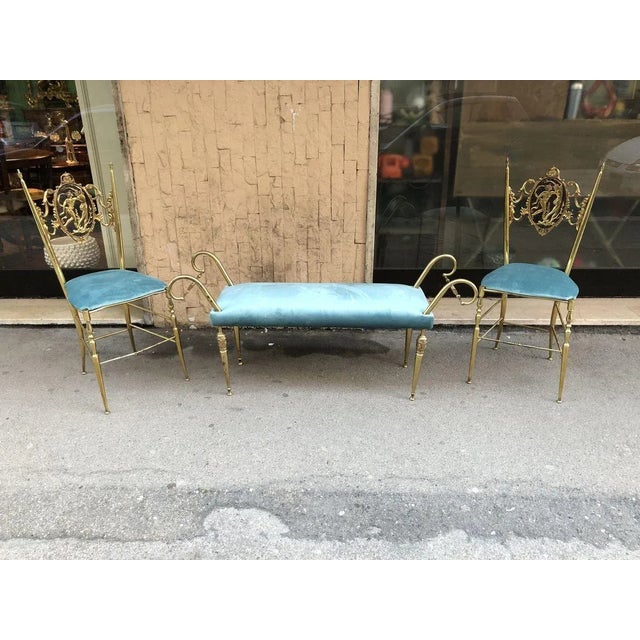 Metal Vintage Brass Chiavari Chairs & Ottoman, 1950s, Set of 3 For Sale - Image 7 of 15