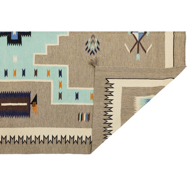 Modern Navajo-Style Handmade Wool Area Rug - Geometric Turquoise & Earth Tones For Sale - Image 4 of 11