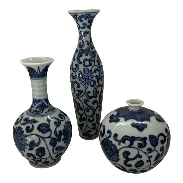Blue & White Porcelain Chinoiserie Vases - Set of 3 For Sale