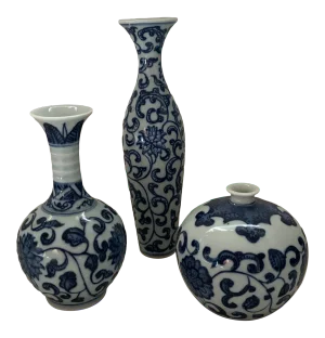 Blue & White Porcelain Chinoiserie Vases - Set of 3