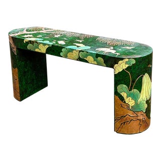 1970s Asian Modern Painted Console Table With Lotus Blossoms and Cranes For Sale