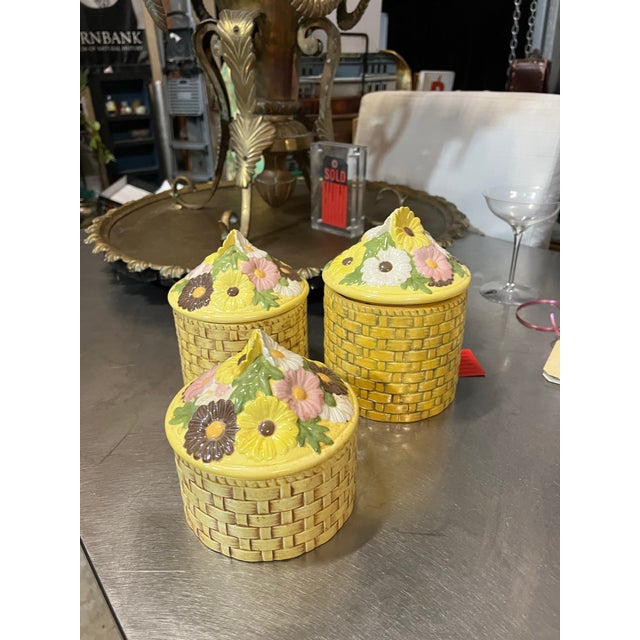 Vintage Trio of Yellow Ceramic Woven Style Jars With Floral Accents For Sale - Image 11 of 11