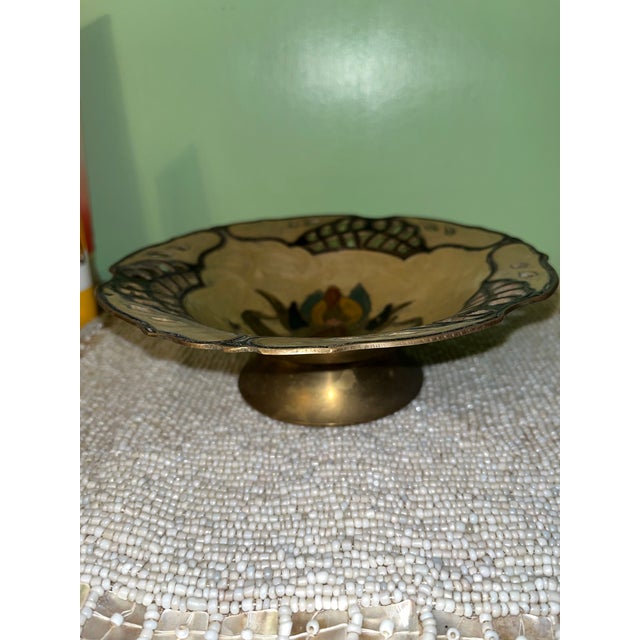 Vintage decorative brass bowl featuring a pierced (reticulated) rim and hand-painted floral design with raised enamel...