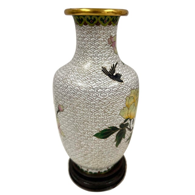 Metal Mid-20th Century Hand-Crafted Vintage Chinese Cloisonne Vase - Peony Blossoms For Sale - Image 7 of 13
