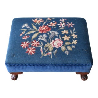 Antique 19th-Century Large Blue Botanical Needlepoint Footstool For Sale
