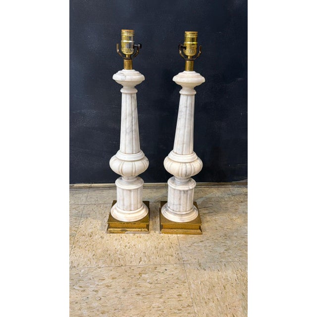 1940s 1940 French Carved Alabaster Columns Lamps - a Pair For Sale - Image 5 of 6